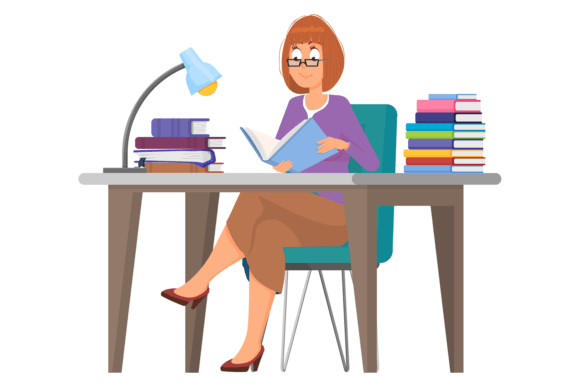 Download Woman Studying at Desk with Book Stacks. - Book Collection